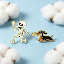 Skeleton & Dachshund Enamel Pins Set, Funny Running Skull And Sausage Dog Brooches For Backpack Jacket, Halloween Gothic Gift For Couples And Friends - Multicolor - View 4