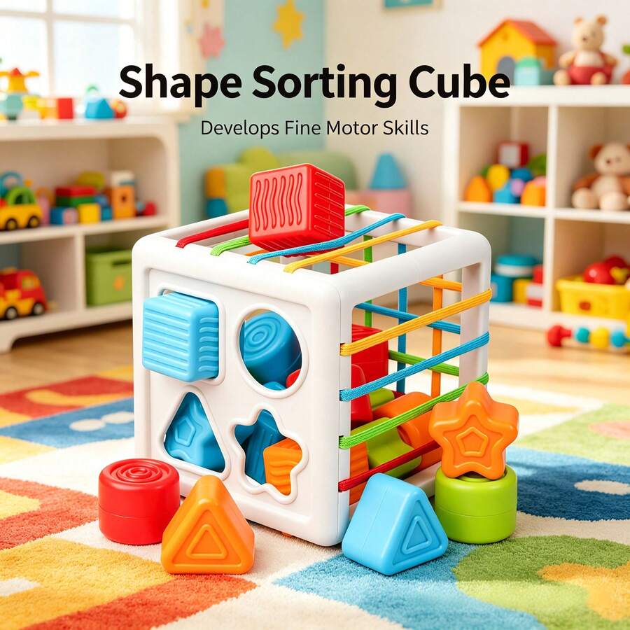 Montessori Sensory Activity Cube, Shape Sorter & Stacking Blocks Set, Baby Fine Motor Skills Development, Early Learning Educational Toy For Toddlers