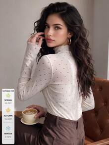 SUNSTORY Women's Autumn Beige Polka Dot Frill Trim Mock Neck Slim Fit Long Sleeve Mesh Top, Suitable For Commuting, Dating, Daily Outings, Party Occasions - White - View 9