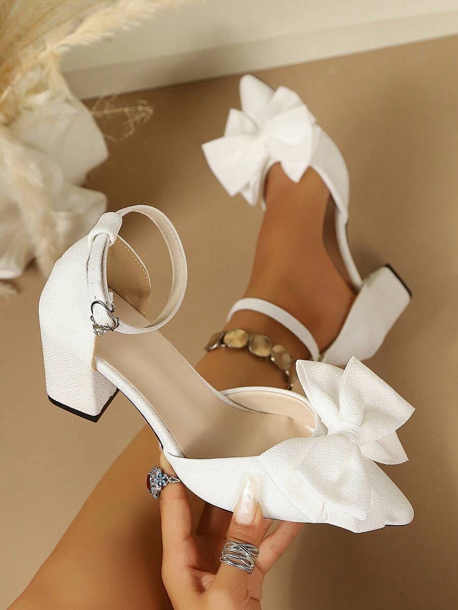Fashionable Women's High Heels, White Large Bow Decor, Pointed Toe Chunky Heel Dress Shoes, Suitable For Wedding Banquet Party - White - View 1