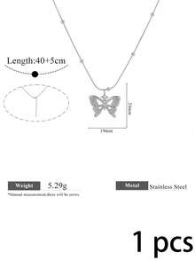 2/1 Pc Fall Decor Layered Butterfly Pendant Necklace Set Double Chain Inlaid Rhinestone Clavicle Necklaces Women Fall Style Jewelry Women - Silver - View 8