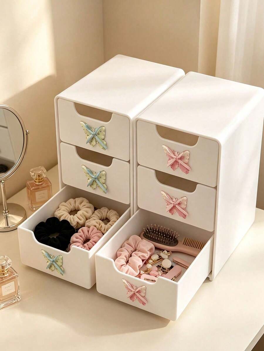 Large Capacity Desktop Cosmetic Storage Box With Transparent Sliding Drawers, 3-Tier Drawer Organizer With Butterfly Accessories, Bow Pattern Multi-Compartment Skincare And Makeup Storage Rack, Jewelry, Earrings, Collectibles Packaging Sealed Bags, Expandable Mirror Cabinet Storage Box, Sealed Accessory Storage Bags, Desktop Organizer For Girls And Students, Multi-Functional Storage For Stationery, Office Supplies And Cosmetics, Suitable For Bathroom And Vanity, With Pen Holder Function, Back To School Essential - Multicolor - View 1