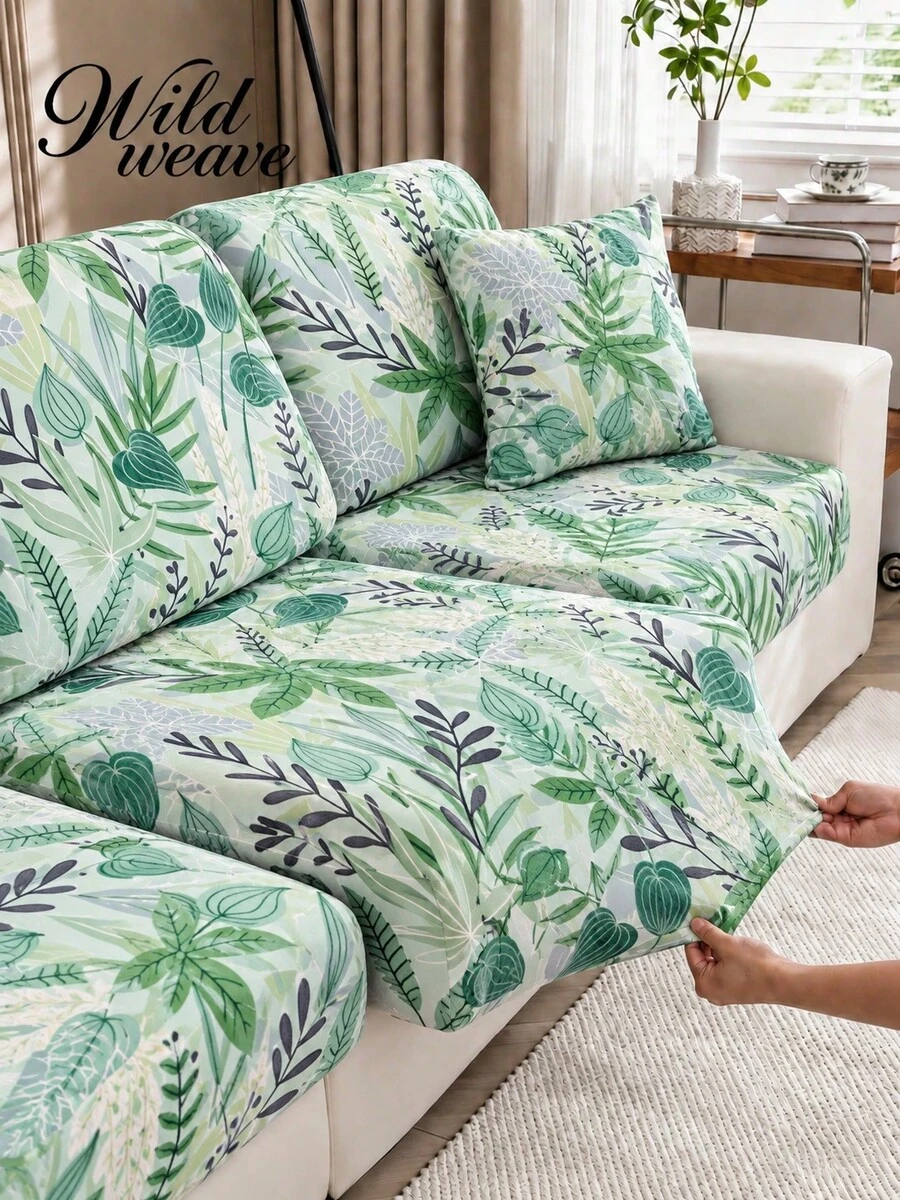 1 pieza Funda elástica para cojín de asiento de sofá con estampado de hojas, para todo el año