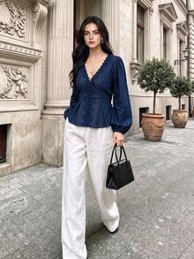 Fall Women Lace Trim V‑Neck Peplum Blouse, Puff Long Sleeve Button Front Tie‑Back Fitted Top - Navy Blue - View 10