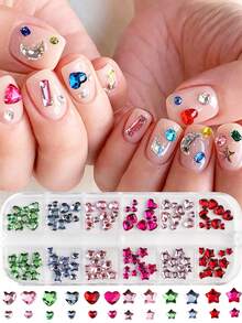 12 Grids Colorful Flat‑Back Nail Rhinestones Multi-Colored Star Heart Mixed Size Japanese Style Nail Charms DIY Manicure Art Decoration Supplies - Multicolor - View 11