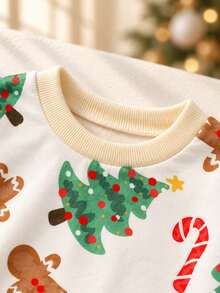 Infant Holiday Atmosphere Bodysuit, Cute Christmas Pattern Round Neck Long Sleeve Snap Closure Romper - Apricot - View 6