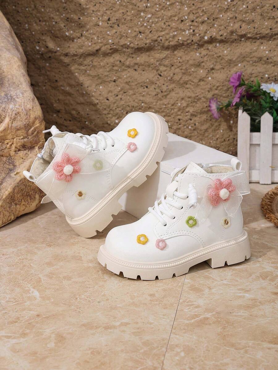 Autumn/Winter Sweet Floral Girls' Boots, Thermal Lined, Soft Sole, Anti-Slip, Stylish White Princess Ankle Boots - White - View 1