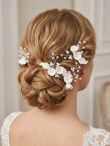 1 Set Multi-Piece Ceramic Flower & Leaf Faux Pearl Beaded Fashion Hair Sticks, Suitable For Wedding, Daily Wear, Party Women's Hair Accessories - Silver - View 1