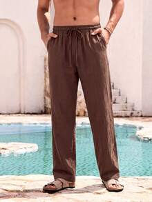 Mercer Haus Men's Brown Linen Long Pants Summer Vacation Style - Coffee Brown - View 1