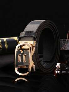 1pc Top Grain Leather B Plaid Automatic Buckle Belt For Men, Versatile Korean Style Business Waist Strap For Adults - Multicolor - View 2