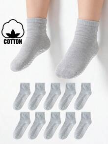 10 Pairs Cotton Grey Flat Single-Cuff Glue-Dotted Kids Socks, Solid Color Mid-Calf Socks, Boys Anti-Slip Floor Socks, Students White Socks, Autumn/Winter Girls Sports Socks - Grey - View 9