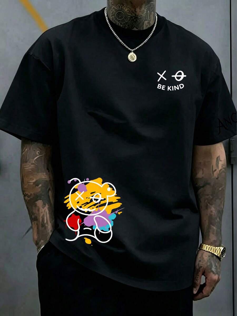 Plus Size Men's Loose Crew Neck Short Sleeve T-Shirt | Colorful Graffiti Bear Print | Exquisite Fit Design | Summer Essential Item | Versatile And Easy To Wear, Showcase Your Personal Style - Black - View 1