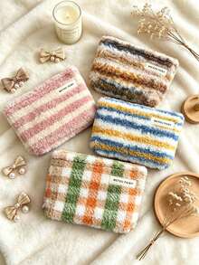 1pc Retro Casual, Fleece, Rectangular Pouch, Striped Plaid Print, Label & Zipper Detail, Holds Cosmetics & Small Items, Makeup Bag, Storage Pouch, For Daily Use, Trips, Autumn Winter & Holiday Occasions,Makeup Bag - Multicolor - View 4