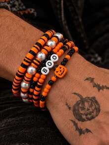 5pcs Gothic Halloween Atmosphere Layered Bracelet Set, BOO Letter Pumpkin Element, Black & Orange Faux Pearl Hand Jewelry, Great Gift Item - Multicolor - View 3