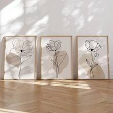3Pcs Abstract Line Flower Canvas Wall Art, Neutral Beige Botanical One Line Art Prints, Minimalist Boho Floral Poster For Living Room, Bedroom, Kitchen, Home Decoration, Posters & Prints, Frameless - 427 - View 6