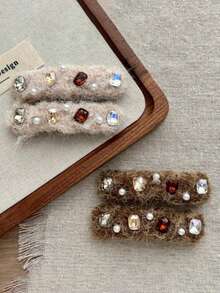 1PC Autumn/Winter New Rhinestone Zirconia Pearl Plush Snap Hair Clip Side Bangs Clip Elegant Versatile Hair Accessory - Multicolor - View 2