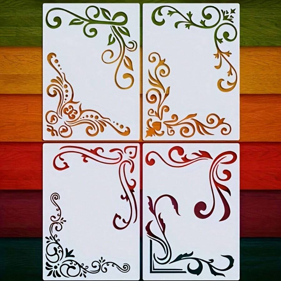 4pcs Lace Edge Furniture Corner Stencils - Washable & Reusable, Suitable For Wood, Fabric, Paper, Wall And Floor DIY Crafts