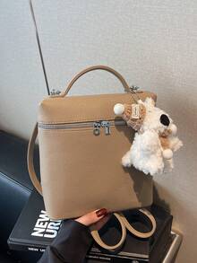 Women's Vintage Commuter Small Square Backpack, Soft Litchi Textured Fabric, Silver Dual Zipper Pulls, Top Handle With Adjustable Shoulder Straps, Multi-Compartment Storage, Hands-Free Daily Carry, Can Be Worn As Backpack Or Handbag - Khaki - View 8