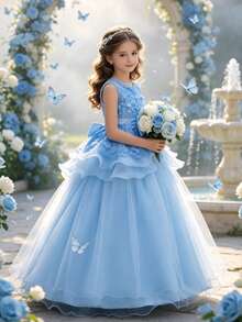 Gaun Pengantin Bunga untuk Anak Perempuan, Gaun Putri Panjang untuk Pengiring Pengantin, Pesta Ulang Tahun, Liburan, Pertemuan, Peragaan Busana, Pembawa Acara, Pertunjukan, Acara Malam Formal - Biru - View 2