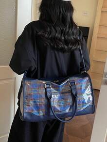Dedoo 女款手提旅行行李包，圓筒健身包，格紋圖案，PVC與PU拼接，雙手柄與可拆卸肩帶，大容量，短途旅行 - 藍色 - 查看 5
