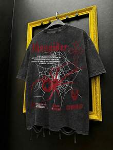1pc Men's Vintage Halloween Element Washed Spider Print Loose Fit T-Shirt, Distressed Hem With Fringe Gothic Street Style Short Sleeve - Black - View 3