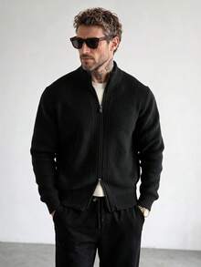 Men's Thick Zip-Up Cardigan, Long Sleeve Solid Color Sweater - Black - View 1