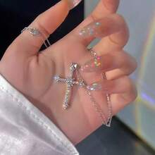 1pc Full Rhinestone Star Cross Necklace, Simple Fashion Casual Daily Wear - Silver - View 2