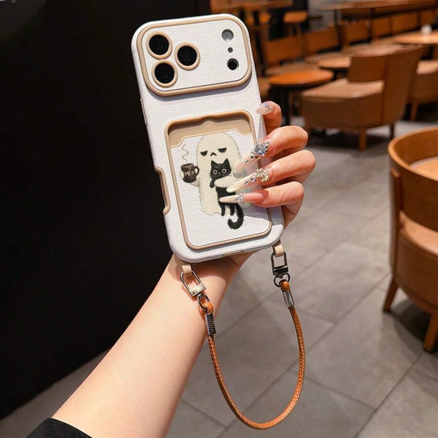 Ghost Hugging Black Cat Pattern Lychee Texture Card Holder Lanyard Shockproof Phone Case Protective Cover, Compatible With Apple 11, 12, 13, 14, 12 Pro Max, 13 Pro Max, 15, 15 Pro, 15 Plus, 15 Pro Max, 16, 16 Pro, 16 Plus, 16 Pro Max, 17, 17 Pro, 17 Air, 17 Pro Max And Other Phone Models, Great Choice For Couples And Holiday Gifts - Brown - View 1