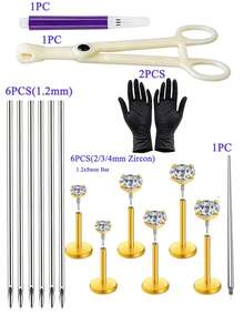 6PCS/17PCS Lip/Nose/Ear Piercing Kit-6pcs Extended Thread Flat Back Zirconia Studs Lip Ring With Needle Clamp Gloves Tragus Helix Piercing Kit - View 13