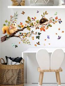 Watercolor Autumn Tree Branch Squirrel Hedgehog Wall Decal, Flowers Autumn Leaves Butterfly Self-Adhesive Removable Kids Room Wall Decoration Sticker - Multicolor - View 2