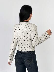 French Vintage Black & White Polka Dot Short Jacket For Women, Round Neck Contrast Black Trim Zipper Fake Pocket Design Fitted Short Jacket - Black and White Dots - View 6