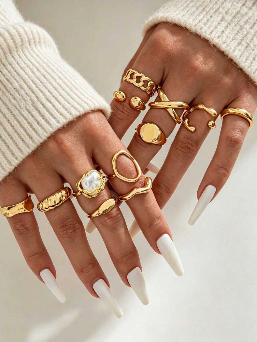 imoli 12pcs/Set Vintage INS Baroque Faux Pearl Stackable Asymmetrical Geometric Line Metal Ring Set, Knuckle Rings, Multi-Layer Finger Rings, Suitable For Women's Daily Wear, Party Jewelry Gift