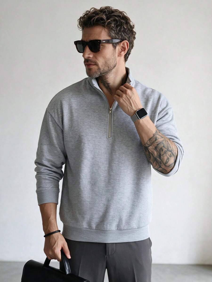 Men's Casual Half-Zip Turndown Collar Solid Color Dropped Shoulder Loose Sweatshirt, Autumn - Light Grey - View 1