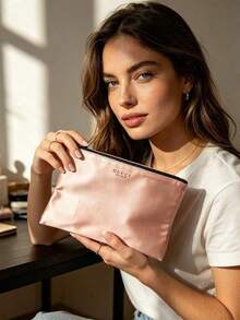Nude Zipper Makeup Pouch With Floral Inner Lining Portable Travel Cosmetic Storage Bag Gift For Women Gucci Bloom Nude‑Tone Zipper Makeup Pouch - Pink - View 6