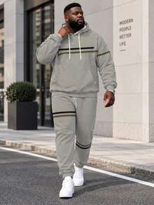 2pcs Plus Size Minimalist Colorblock Striped Hoodie Sweatshirt Set For Men, Light Gray Base With Double Stripe Colorblock Print, Drawstring Hooded Top And Cuffed Sweatpants, Loose Casual Sports Two Pieces Set - Multicolor - View 1