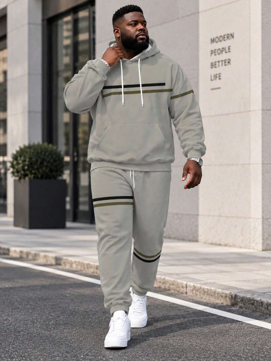 2pcs Plus Size Minimalist Colorblock Striped Hoodie Sweatshirt Set For Men, Light Gray Base With Double Stripe Colorblock Print, Drawstring Hooded Top And Cuffed Sweatpants, Loose Casual Sports Two Pieces Set - Multicolor - View 1