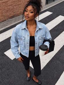 Women's Y2K Distressed Cropped Denim Jacket, Lapel Long Sleeve Aviator Jacket, Vintage Grunge Style - Blue - View 3