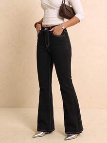 Minimalist Personalized Cross-Over Best-Selling Solid Color Women's Slim Fit Flare Jeans - Black - View 4