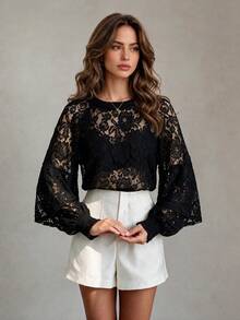 Vuslat Women's Autumn French Style Black Floral Hollow Lace Top, Suitable For Daily Wear, Halloween, Back To School, Party, Music Festival - Black - View 2