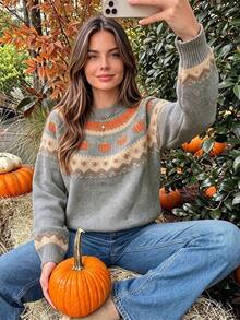 Pumpkin Fair Isle Knit Sweater, Round Neck Drop Shoulder Long Sleeve Vintage Loose Casual Women's Pullover, Halloween Autumn Holiday Party Outfit - Grey - View 1
