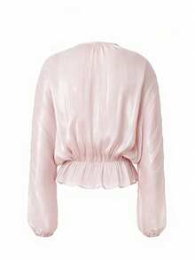 Pink Metallic Satin Pleated Blouse For Women Tie Keyhole Neck Lantern Sleeve Peplum Waist Elegant Work Date Flowy Top - Baby Pink - View 5
