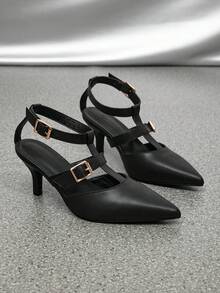 Fashionable European And American Style Design Strap Hollow Pointed Toe Open Toe Stiletto Heel Sandals T-Strap Pointed Toe High Heel Backless Closed Toe Women's High Heels Pumps Wedding Season Party Outdoor Versatile Shoes - Black - View 6