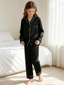Tween Girl 2pcs Black Long Sleeve Top And Long Pants Pajama Set - Multicolor - View 5