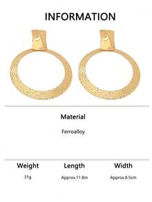 1pc Gold Metal Asymmetrical Square Metal Patch Hammered Embossed Texture Round Dangle Earrings Exaggerated Elegant Suitable For Vacation Party Daily Jewelry - Yellow Gold - View 7