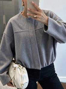 女款春夏/秋冬粗花呢對比縫線圓領落肩花瓣袖寬鬆羊毛開襟衫，優雅通勤風 - 灰色 - 查看 5
