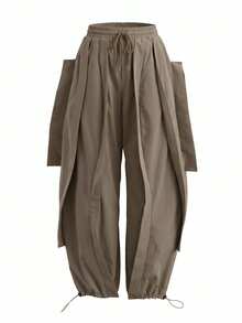 UREREM Women's Woven Fabric Wide Leg Pants, Ruffle Hem, Fashion Loose Design, 170g Woven Fabric - Brown - View 1