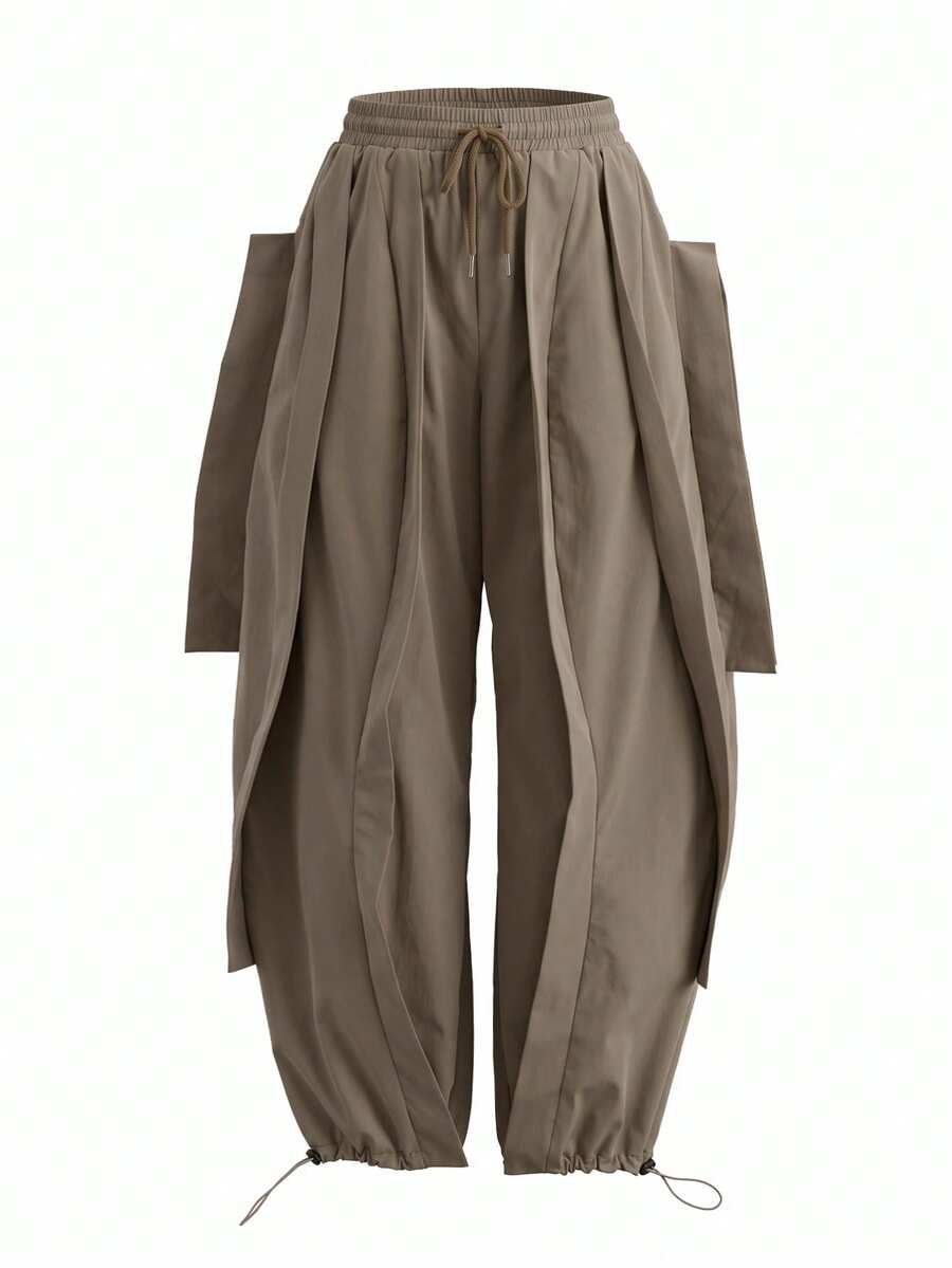 UREREM Women's Woven Fabric Wide Leg Pants, Ruffle Hem, Fashion Loose Design, 170g Woven Fabric - Brown - View 1