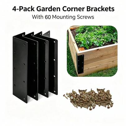 4-Pack Heavy-Duty Raised Garden Bed Corner Brackets, Anti-Rust Powder Coated Corner Connectors With 60 Mounting Screws, 90° Right Angle Hardware For DIY Wooden Planter Box, Outdoor Garden Building Projects