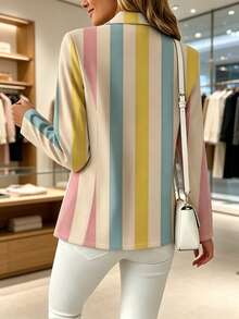 Women's Fashion Long Sleeve Polyester Striped Blazer, Regular Length, Non-Stretch, Suitable For Autumn Wear - Yellow and Pink - View 3