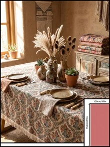 1pc Beige Background Blue Red Green Vintage Paisley Floral Pattern Tablecloth, Retro Bohemian Style Woven Fabric Material, Rectangular Beige Tassel Edge Detail, Stain-Resistant Protective And Decorative Function For Home Dining Table, Suitable For Bohemian Dining Table Decor And Daily Home Scenes - Khaki - View 21